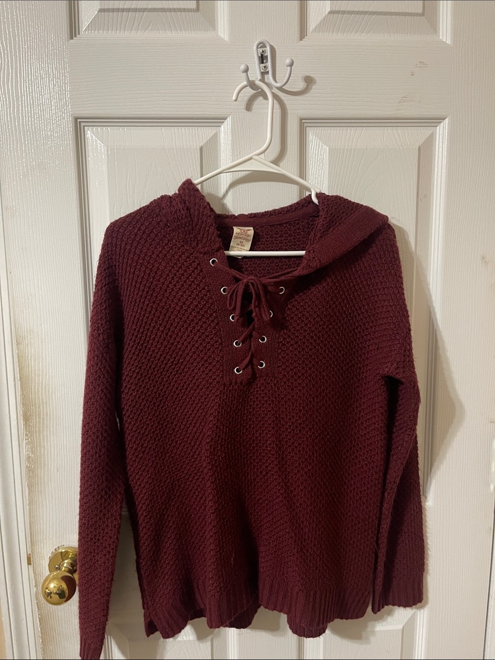 Faded Glory Lace-Up V-Neck Hooded Sweater - Burgundy